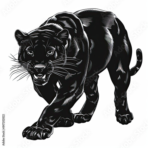 A black panther is walking on a white background