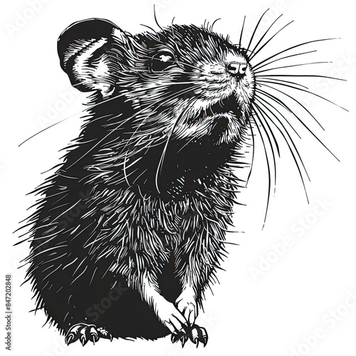 A black and white drawing of a mouse with long whiskers