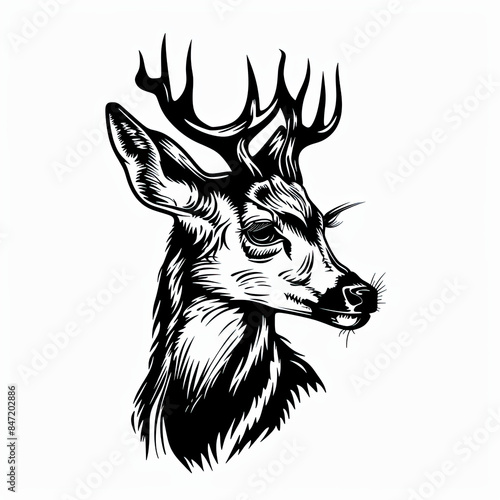 A black and white drawing of a deer 's head