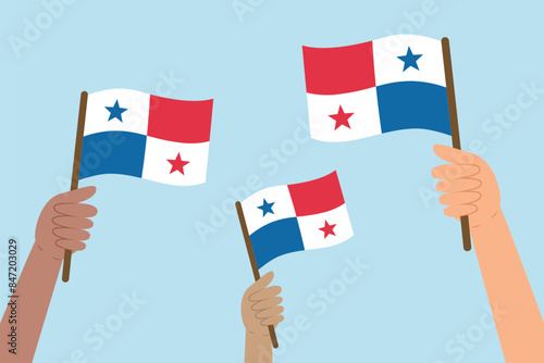 Diverse people hands raising flags of Panama. Vector illustration of Panama flags in flat style on blue background.