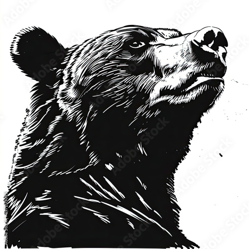 A black and white drawing of a bear looking up