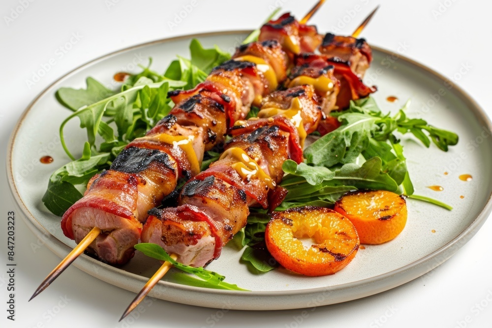 Bacon-Wrapped Pork Tenderloin Skewers on Vibrant Greens Bacon-Wrapped Pork Tenderloin Skewers on Vibrant Greens