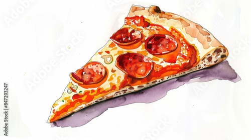 A watercolor painting of a slice of pizza with pepperoni, on a white background.
