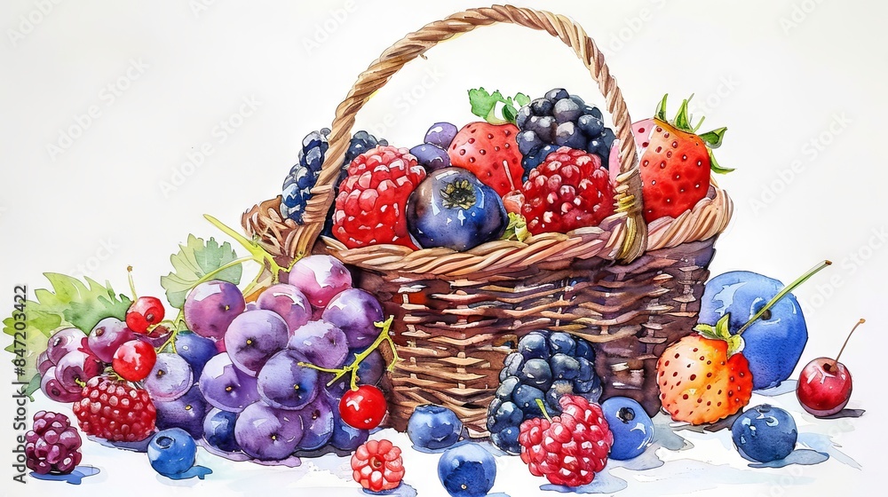 A watercolor painting of a wicker basket filled with an assortment of berries including strawberries, blueberries, raspberries, and blackberries. A watercolor painting of a wicker basket filled with an assortment of berries including strawberries, blueberries, raspberries, and blackberries.