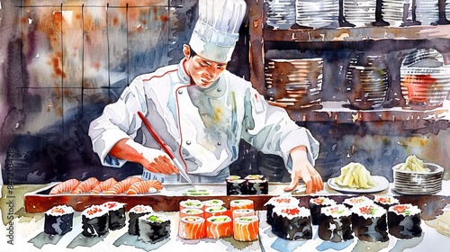 A watercolor painting of a sushi chef preparing sushi.