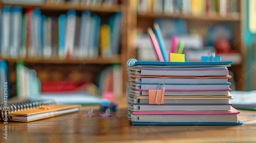 Stack of Notebooks and Books on Desk with Library Background Stack of Notebooks and Books on Desk with Library Background