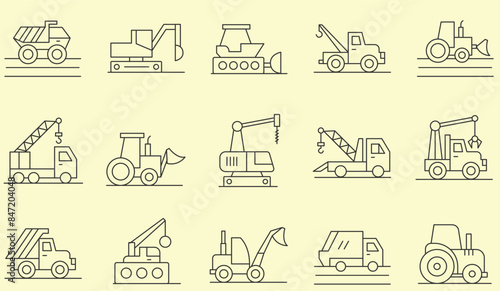 Thin line icons set of Heavy Equipment. Outline symbol collection. Editable vector stroke.