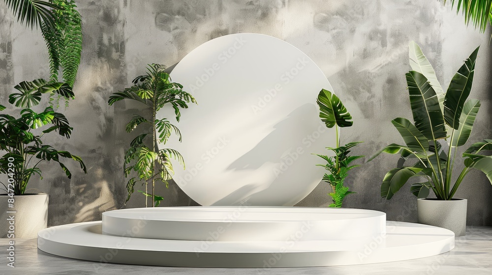 Empty round showcase in the center, indoor plants background, textured, minimalist 3d, super detail, Empty round showcase in the center, indoor plants background, textured, minimalist 3d, super detail,