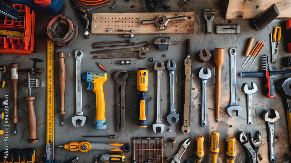 Top view of various tools on table background in machinery tools Top view of various tools on table background in machinery tools