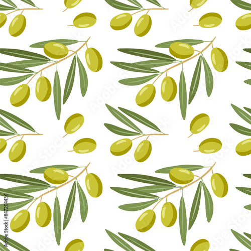 Olive Background. Vector seamless pattern with green olive tree branches. Repeated Flat vector illustration with fruits for natural organic cosmetics, wrapping paper, wallpaper, textile, scrapbooking