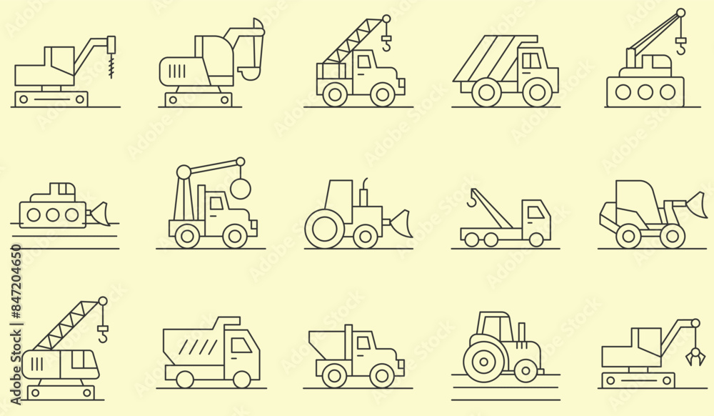 Thin line icons set of Heavy Equipment. Outline symbol collection. Editable vector stroke. Thin line icons set of Heavy Equipment. Outline symbol collection. Editable vector stroke.