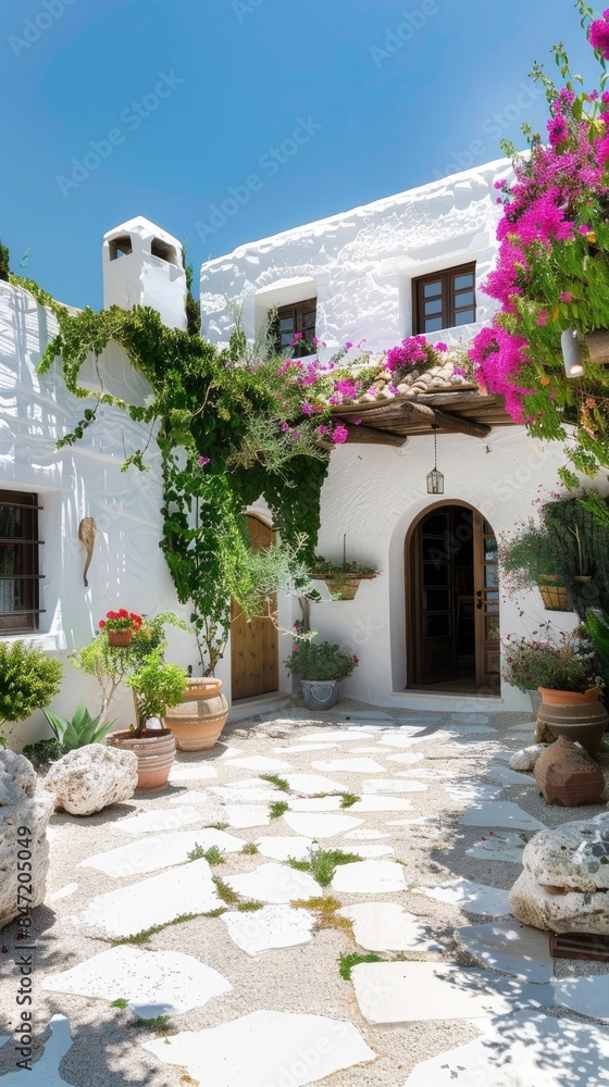 Naklejka premium a traditional Greek house featuring a vibrant bougainvillea tree in white stone and terracotta pots on the terrace, surrounded by white walls and a cobblestone floor, bathed in gentle daylight.