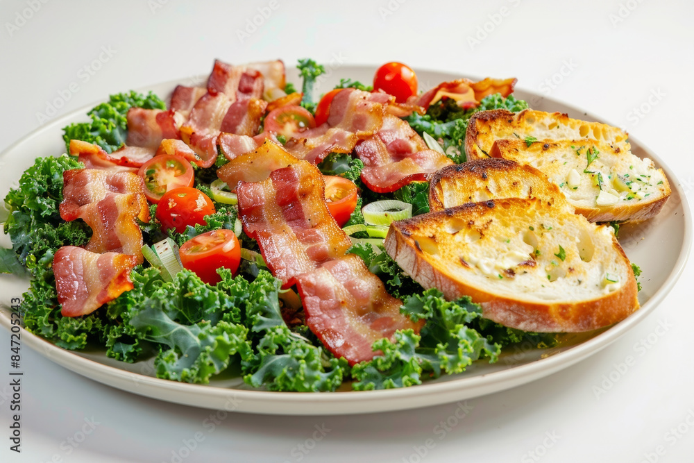 Bacon-Kale Salad and Garlic Bread Close-Up Shot Bacon-Kale Salad and Garlic Bread Close-Up Shot
