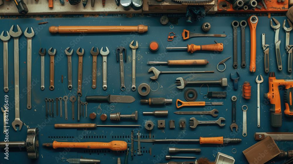 Top view of various tools on table background in machinery tools Top view of various tools on table background in machinery tools