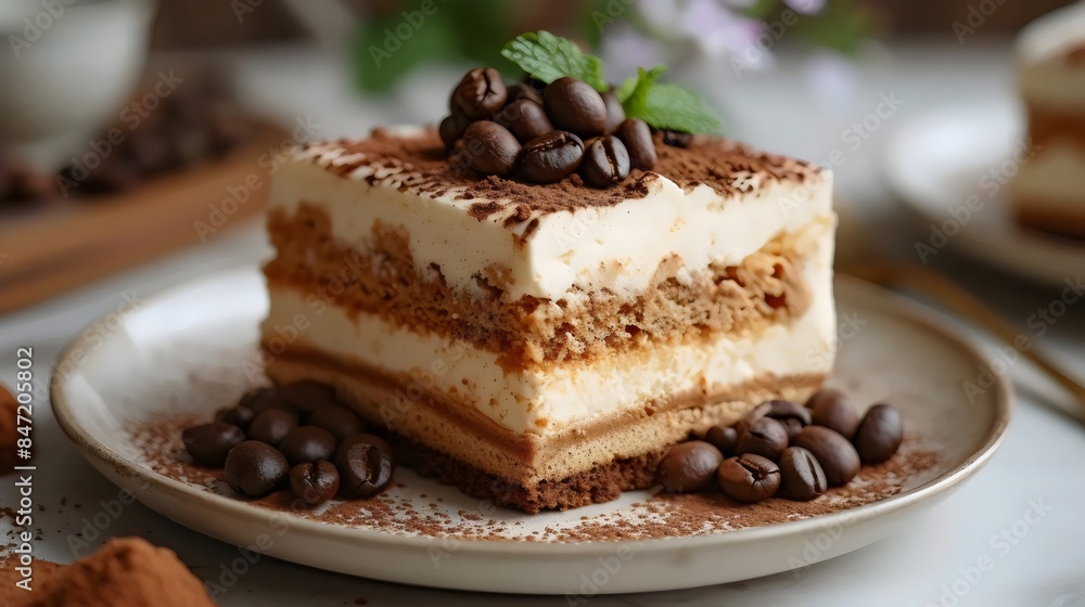 A slice of cake with chocolate chips and mint leaves on top A slice of cake with chocolate chips and mint leaves on top