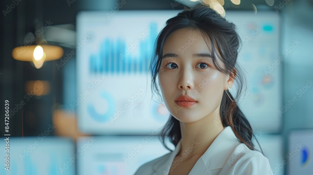 Creative Office Meeting: Portrait of Beautiful Asian Female Project Manager Presenting Goals For Marketing Strategy, Uses TV Set with Data Analysis, eCommerce Infographics Creative Office Meeting: Portrait of Beautiful Asian Female Project Manager Presenting Goals For Marketing Strategy, Uses TV Set with Data Analysis, eCommerce Infographics