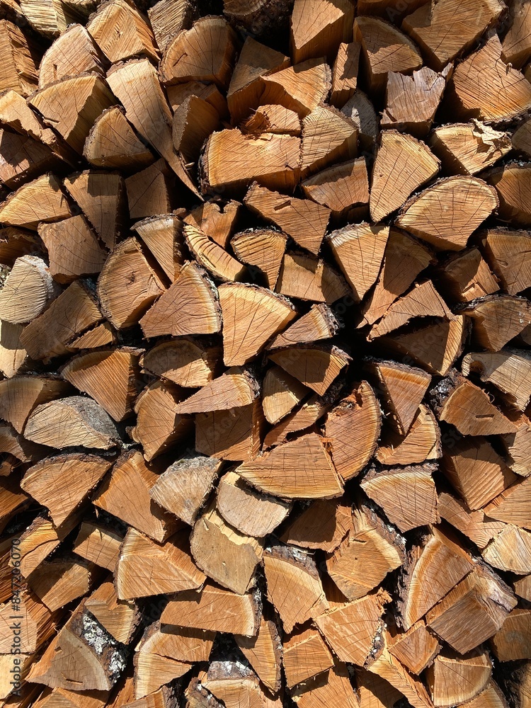 Firewood stacked neatly outdoors in dappled shade Firewood stacked neatly outdoors in dappled shade