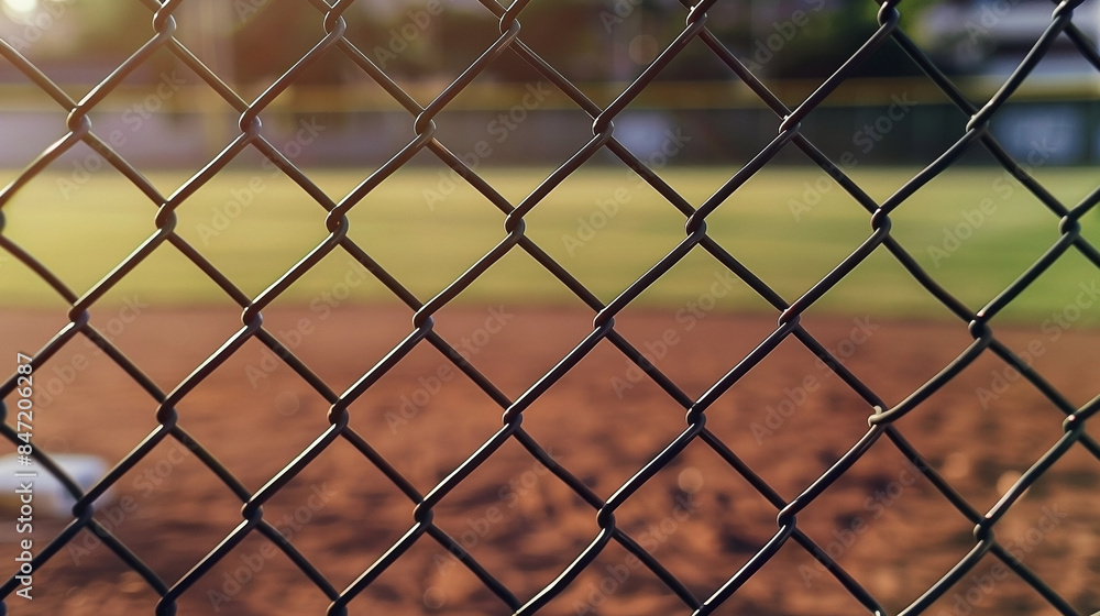 Closeup of chain link fence at baseball field, blurred background and ball visible through the mesh Closeup of chain link fence at baseball field, blurred background and ball visible through the mesh