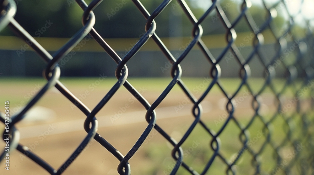 Closeup of chain link fence at baseball field, blurred background and ball visible through the mesh Closeup of chain link fence at baseball field, blurred background and ball visible through the mesh