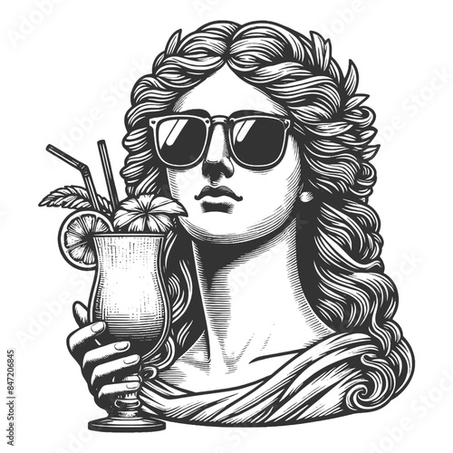classical woman statue wearing sunglasses and holding a cocktail, sketch engraving generative ai fictional character vector illustration. Scratch board imitation. Black and white image.