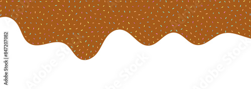Chocolate brown wave border with colorful sprinkles. Glaze for donut, ice cream or muffins with pastel pink, purple and blue falling decorative candies. Vector Illustration for holiday designs.