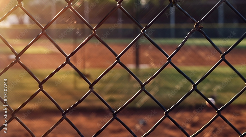 Closeup of chain link fence at baseball field, blurred background and ball visible through the mesh Closeup of chain link fence at baseball field, blurred background and ball visible through the mesh