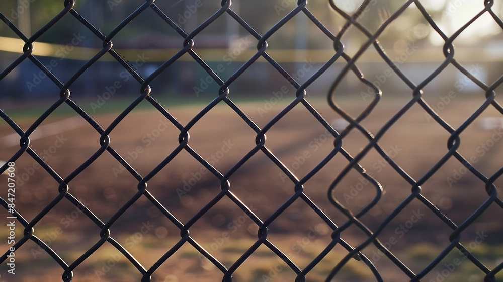 Closeup of chain link fence at baseball field, blurred background and ball visible through the mesh Closeup of chain link fence at baseball field, blurred background and ball visible through the mesh