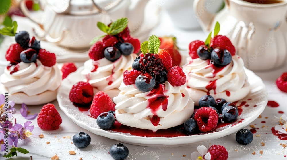 meringue pavlova mini cakes adorned with fruit and cream on a pristine white plate, with a coffee pot in the background adding to the culinary charm. meringue pavlova mini cakes adorned with fruit and cream on a pristine white plate, with a coffee pot in the background adding to the culinary charm.