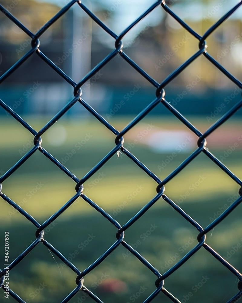 Closeup of chain link fence at baseball field, blurred background and ball visible through the mesh Closeup of chain link fence at baseball field, blurred background and ball visible through the mesh