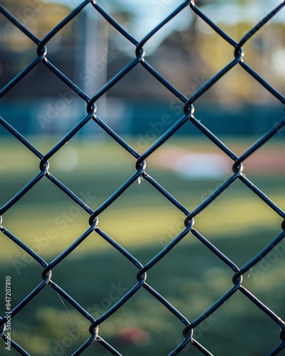 Closeup of chain link fence at baseball field, blurred background and ball visible through the mesh