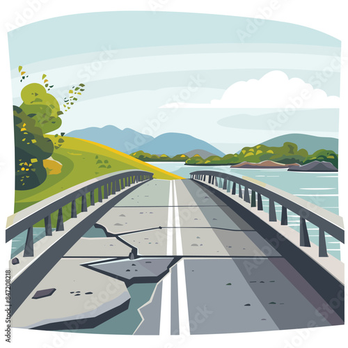 Cracked bridge crossing river surrounded hills cloudy sky background vector illustration. Broken concrete bridge road damaged illustration rural landscape mountain view vector. Dilapidated structure