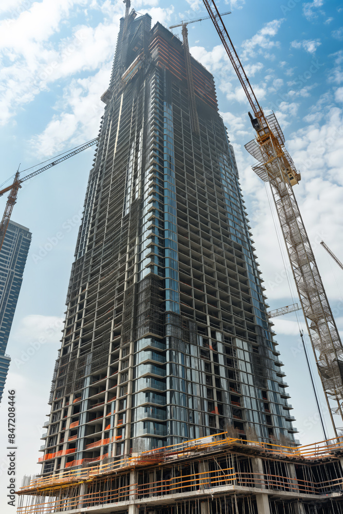 Fototapeta premium Construction site with cranes building modern skyscraper