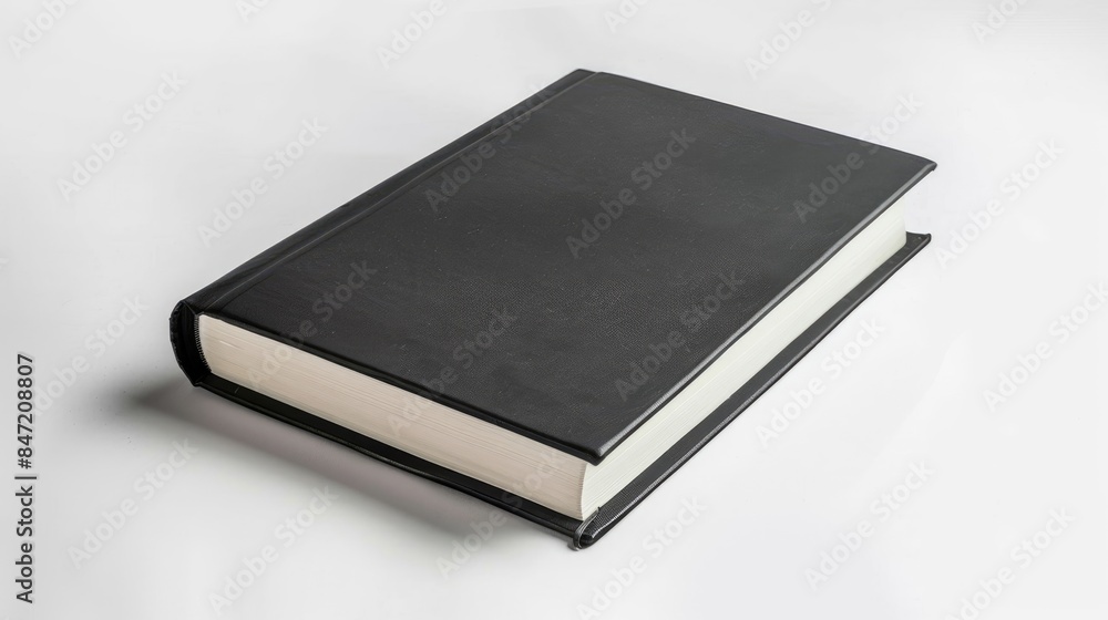 Isolated white background featuring a solitary black hardcover book Isolated white background featuring a solitary black hardcover book