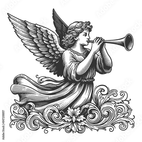 angel with majestic wings playing a horn trumpet, set against radiant light sketch engraving generative ai fictional character vector illustration. Scratch board imitation. Black and white image.