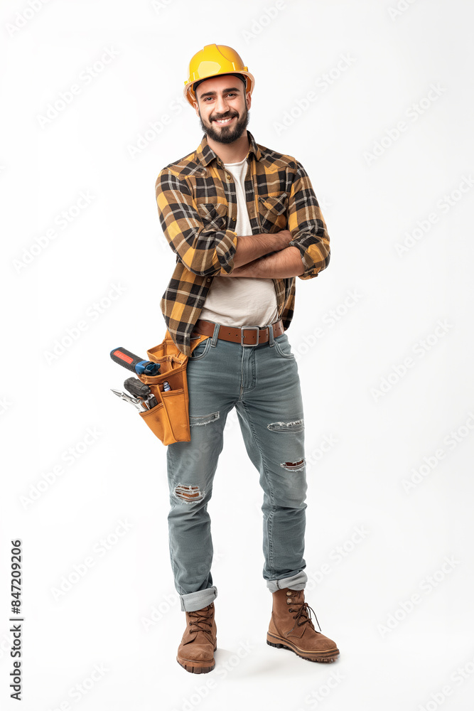 Construction worker smiling with arms crossed wearing tool belt on white background Construction worker smiling with arms crossed wearing tool belt on white background
