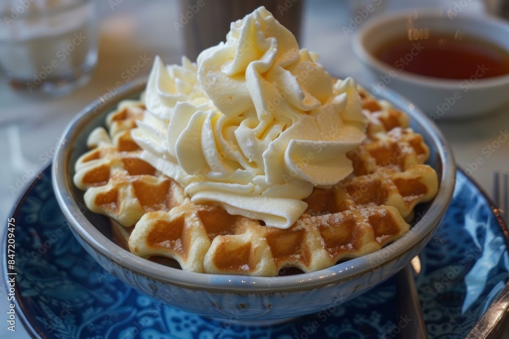 Delicious waffle topped with whipped cream served on a blue plate being enjoyed as dessert Delicious waffle topped with whipped cream served on a blue plate being enjoyed as dessert