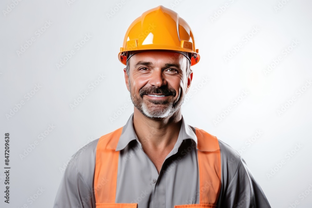 Portrait of engineer man happy with workplace on white background. Portrait of engineer man happy with workplace on white background.