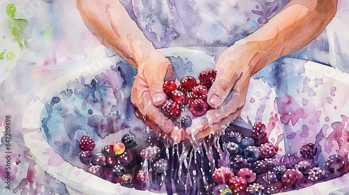 Watercolor painting of hands holding blueberries under a stream of water. photo