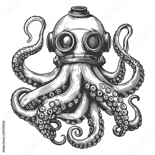 octopus with a vintage diving helmet, combining marine life with steampunk elements sketch engraving generative ai vector illustration. Scratch board imitation. Black and white image.
