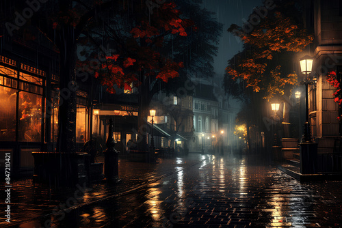 the rainy atmosphere on the street at night is quiet photo