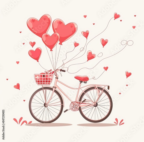 Cute pink vintage bicycle with heart-shaped balloons tied to the back wheel  © Cetin