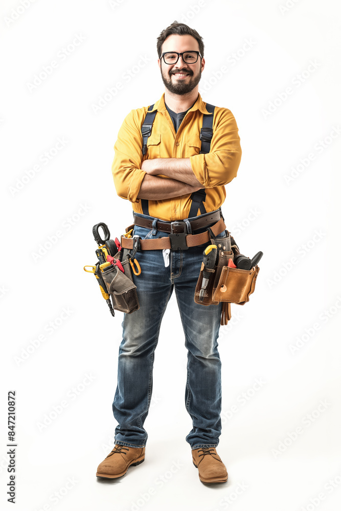 Electrician wearing tool belt and smiling with crossed arms Electrician wearing tool belt and smiling with crossed arms