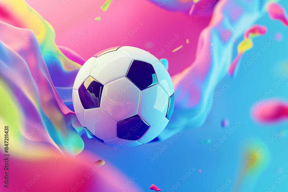 Naklejka premium A soccer ball surrounded by a vibrant and colorful splash on a bright background