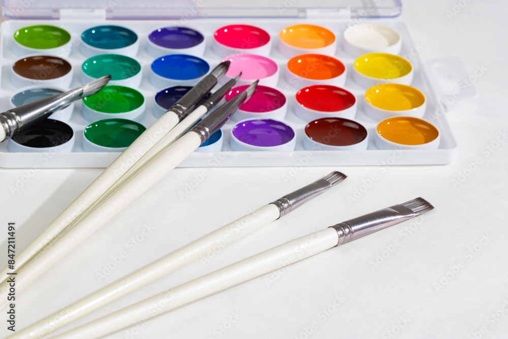 a set of watercolor paints in round bags in a white case a set of watercolor paints in round bags in a white case