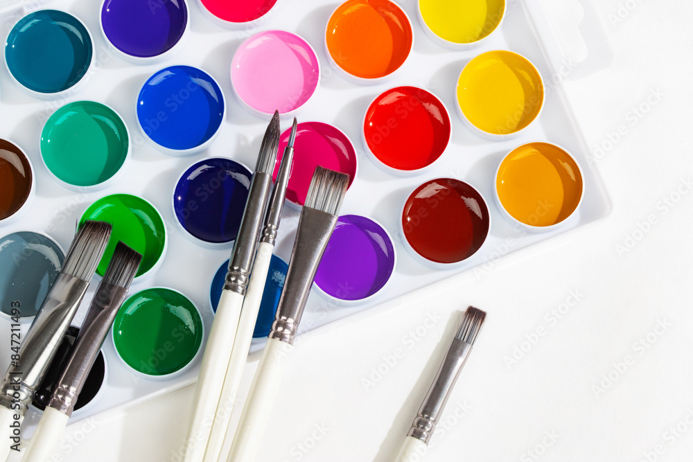 a set of watercolor paints in round bags in a white case a set of watercolor paints in round bags in a white case