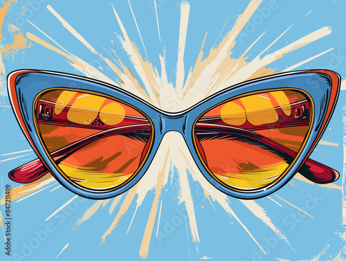 sunglasses with orange lenses on a blue background vector flat illustration