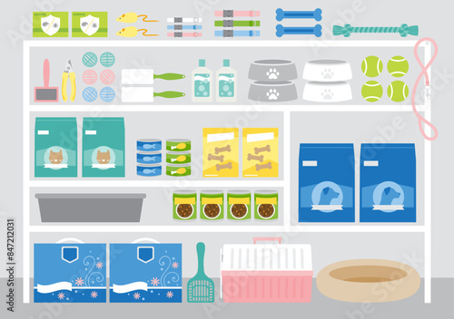 A stockpile of cat and dog pet supplies on shelves
