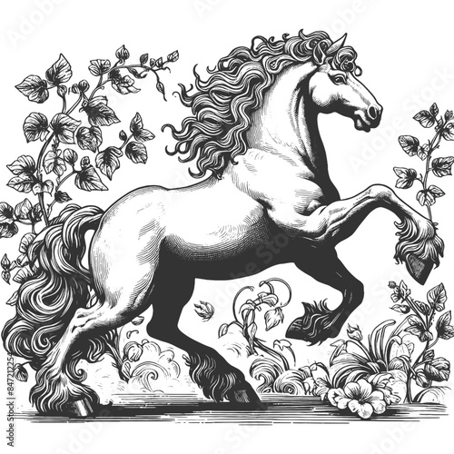 majestic horse prancing amid floral elements, showcasing vintage artistry and fantasy sketch engraving generative ai vector illustration. Scratch board imitation. Black and white image.