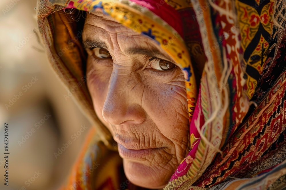 Senior middle eastern woman wearing traditional clothing looking away from camera