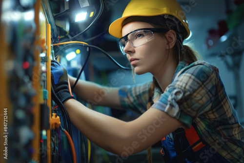 Female electrical technician connecting wires in server room